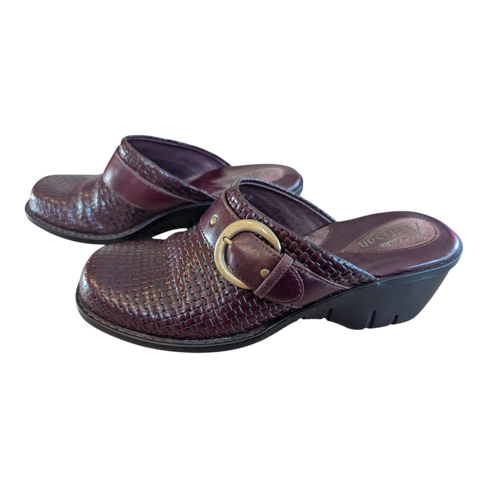 Clarks Artisan Collection Women’s 6.5M Clogs Mules Brown Woven Leather Shoes
